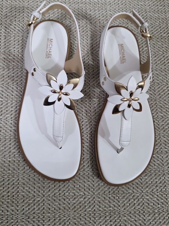 MICHAEL Michael Kors Shoes - MICHAEL Michael Kors White and Gold Floral T-Strap Sandals